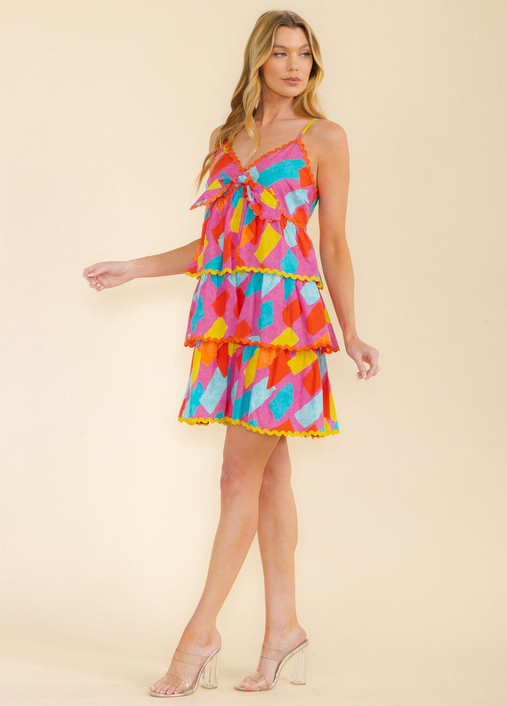 WOMEN'S SLEEVELESS V-NECK SMOCK TIERED RUFFLE COLORBLOCK MINI DRESS