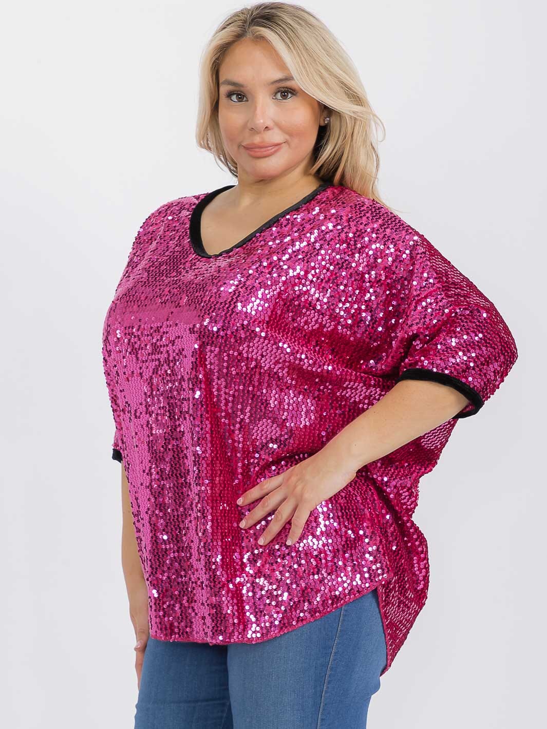 PLUS SIZE SHORT SLEEVE V-NECK SEQUINS TUNIC BLOUSE