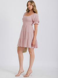 WOMEN'S SHORT SLEEVE SMOCKED TIERED MINI DRESS