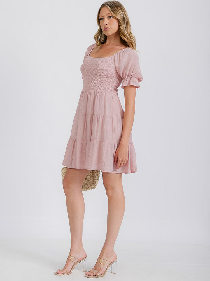 WOMEN'S SHORT SLEEVE SMOCKED TIERED MINI DRESS