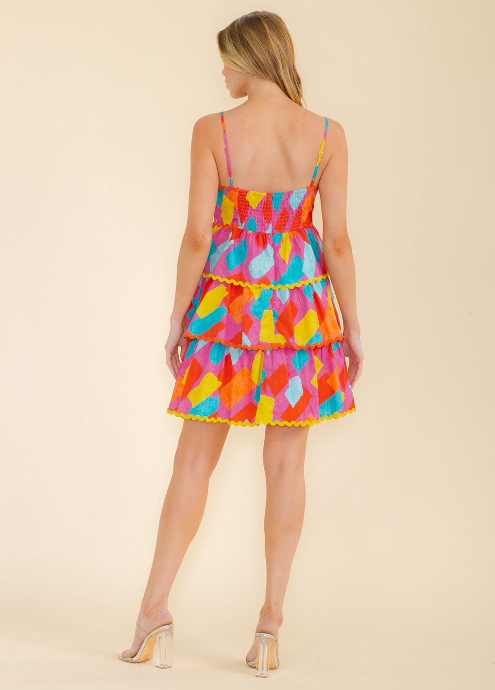 WOMEN'S SLEEVELESS V-NECK SMOCK TIERED RUFFLE COLORBLOCK MINI DRESS