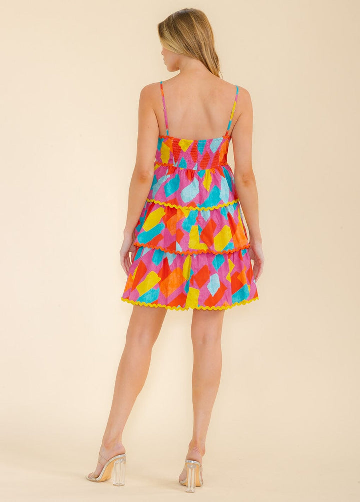 WOMEN'S SLEEVELESS V-NECK SMOCK TIERED RUFFLE COLORBLOCK MINI DRESS