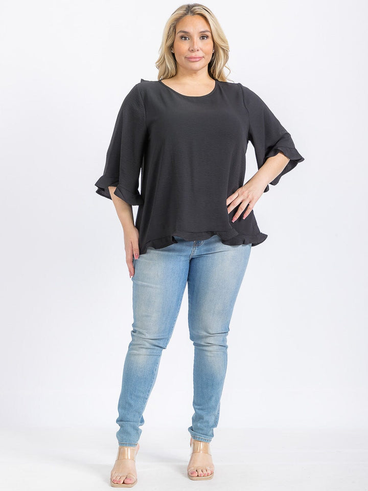 PLUS SIZE SHORT SLEEVE BACK RUFFLE TUNIC BLOUSE