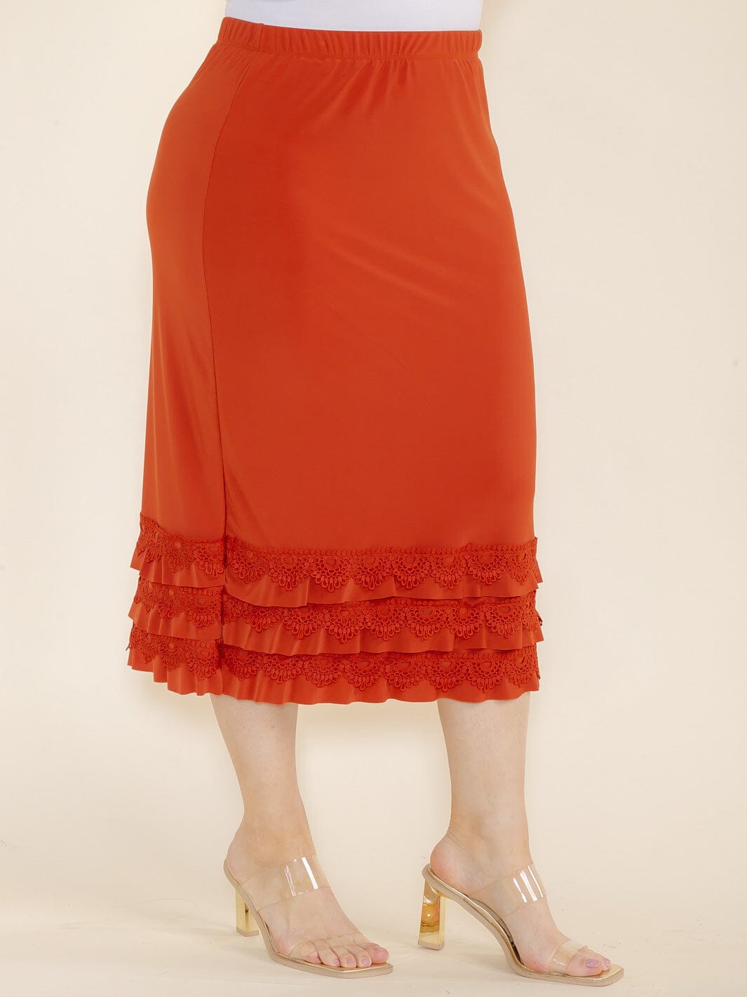 PLUS SIZE ELASTIC WAIST CROCHET BOTTOM HEM MIDI SKIRT