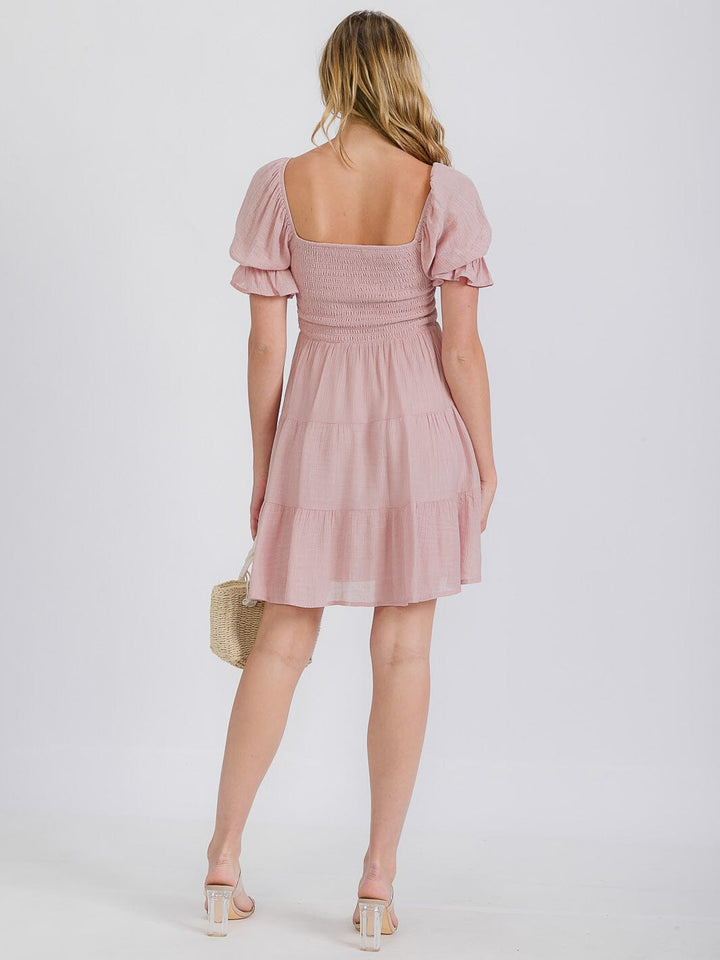 WOMEN'S SHORT SLEEVE SMOCKED TIERED MINI DRESS