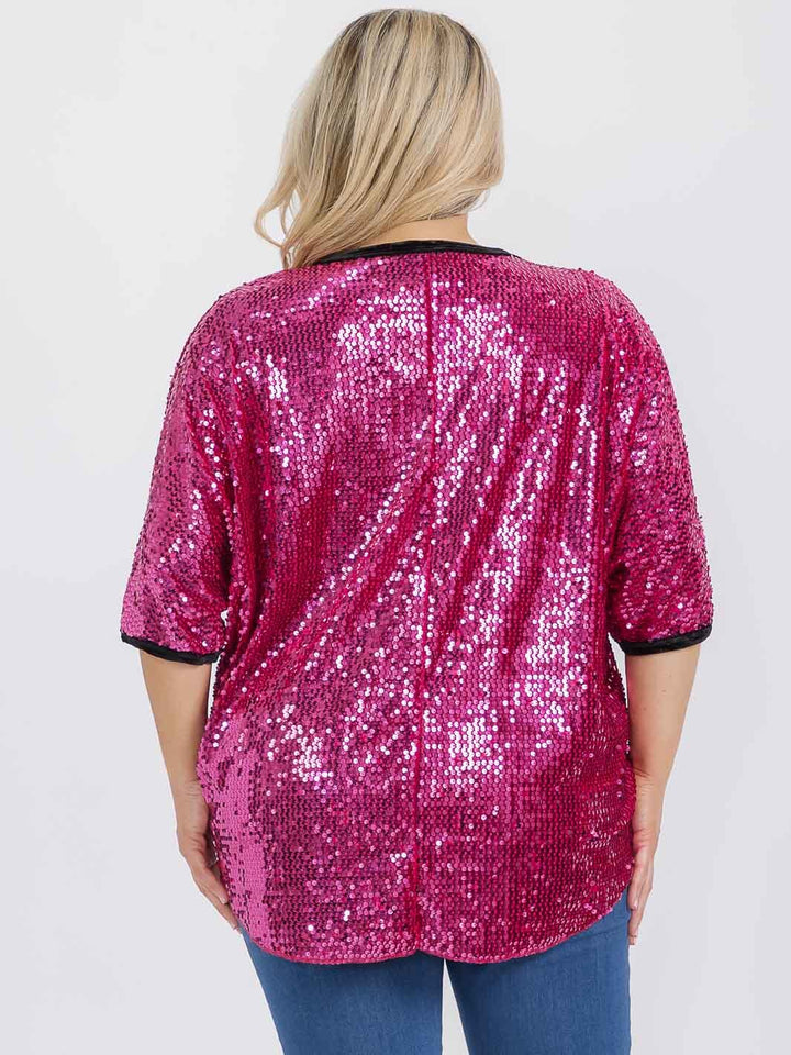PLUS SIZE SHORT SLEEVE V-NECK SEQUINS TUNIC BLOUSE