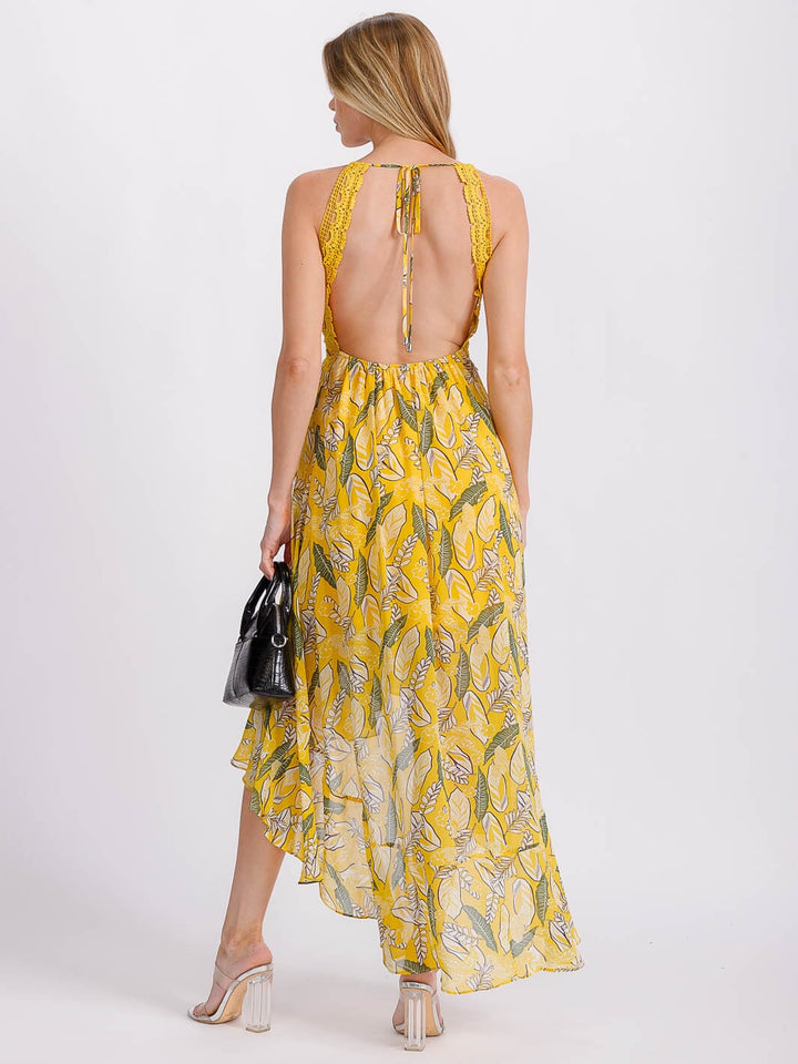 WOMEN'S SLEEVELESS V-NECK TRIM DETAILED OPEN BACK HIGH-LOW FLORAL MAXI DRESS