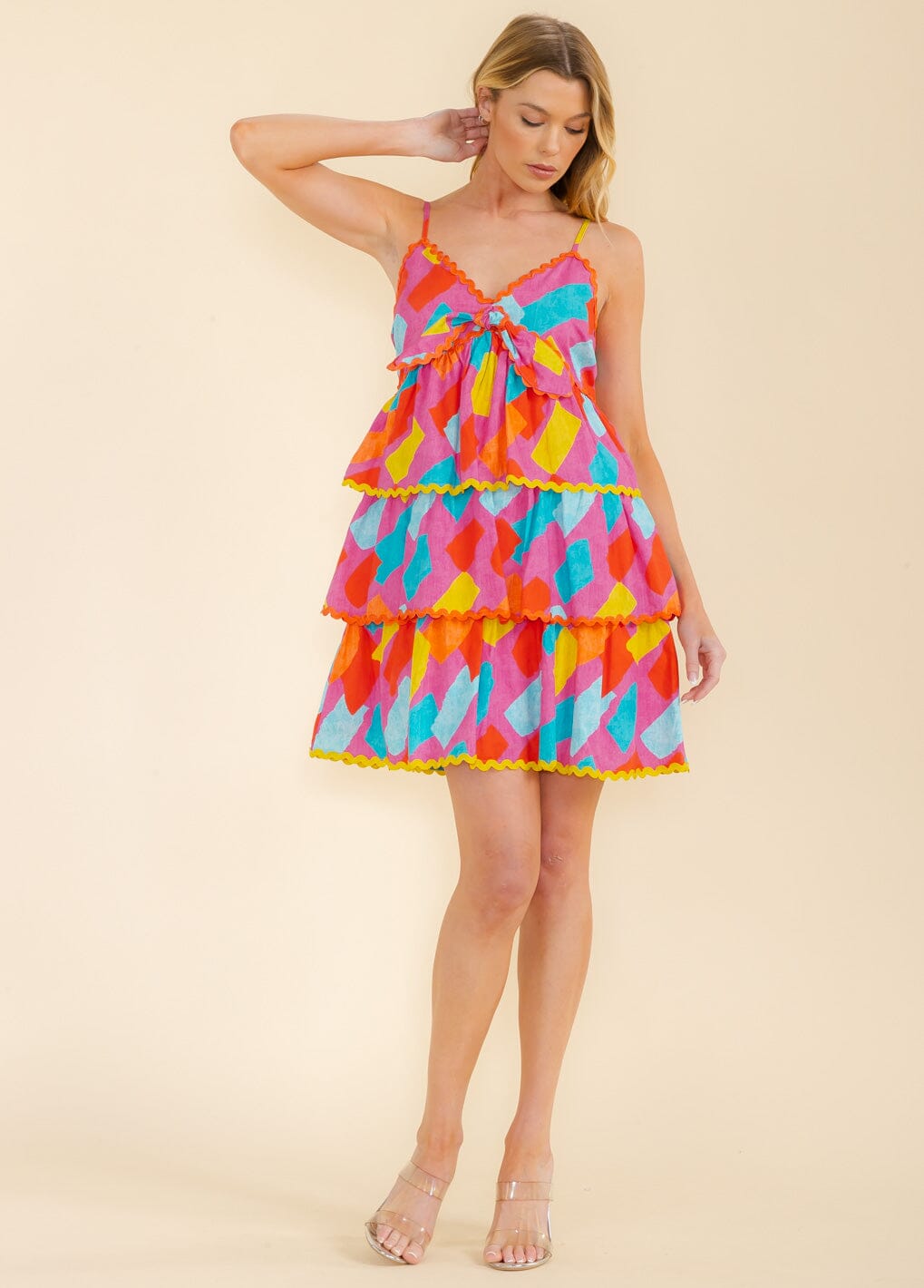 WOMEN'S SLEEVELESS V-NECK SMOCK TIERED RUFFLE COLORBLOCK MINI DRESS