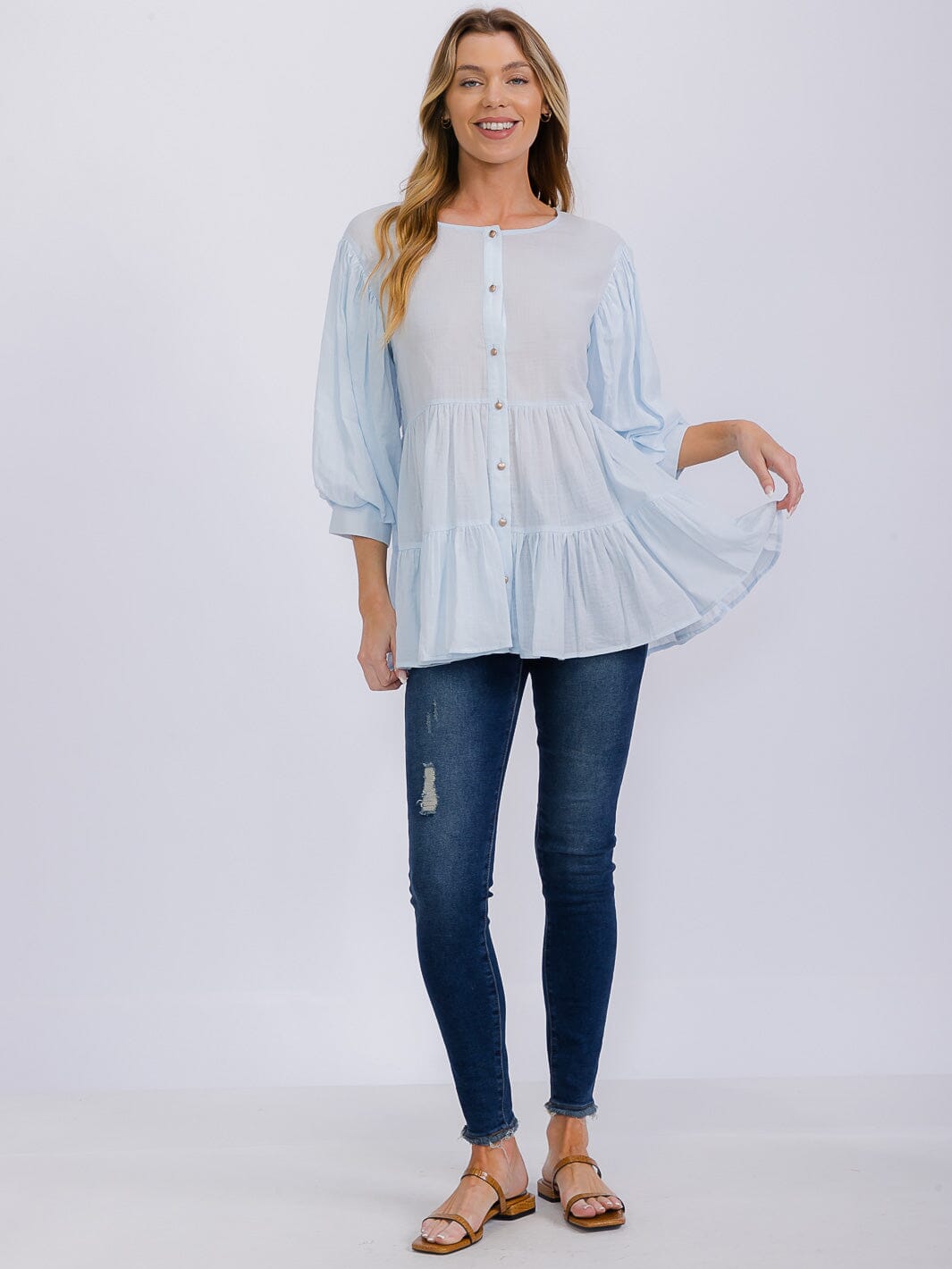 WOMEN'S 3/4 SLEEVE BUTTON UP TIERED TUNIC BLOUSE