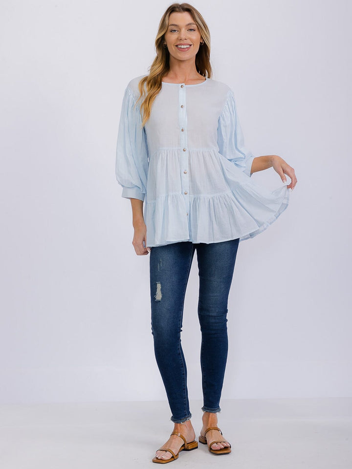 WOMEN'S 3/4 SLEEVE BUTTON UP TIERED TUNIC BLOUSE