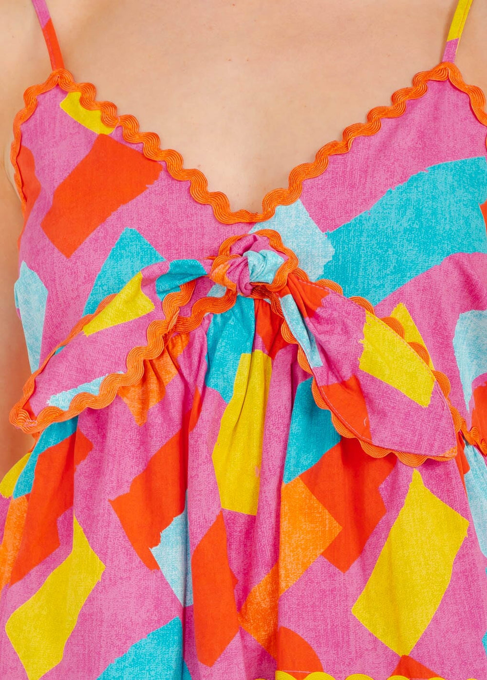 WOMEN'S SLEEVELESS V-NECK SMOCK TIERED RUFFLE COLORBLOCK MINI DRESS