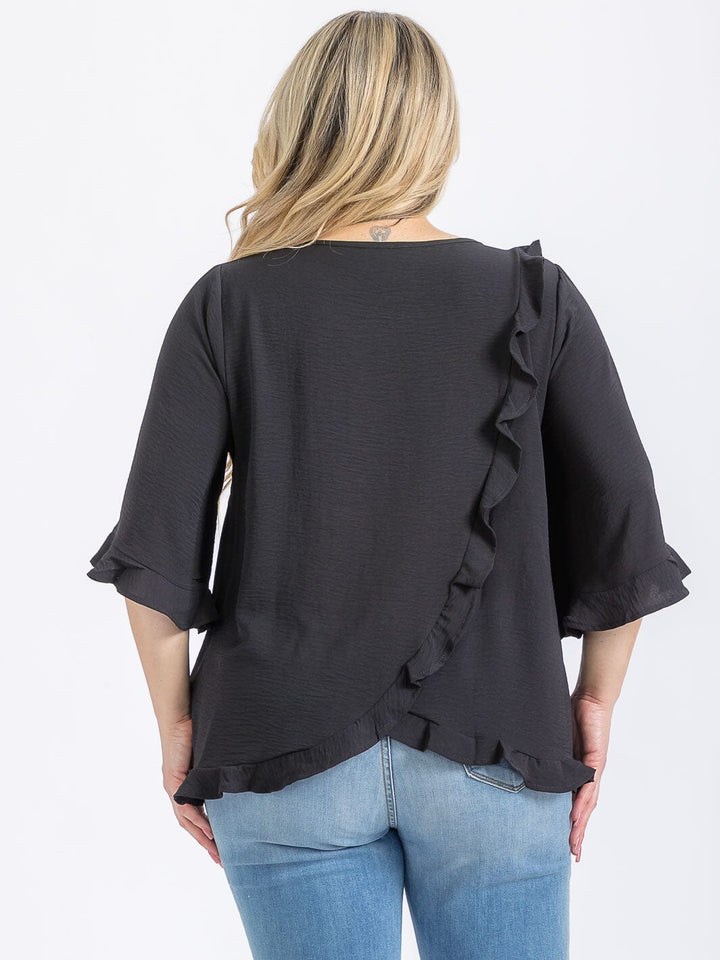 PLUS SIZE SHORT SLEEVE BACK RUFFLE TUNIC BLOUSE