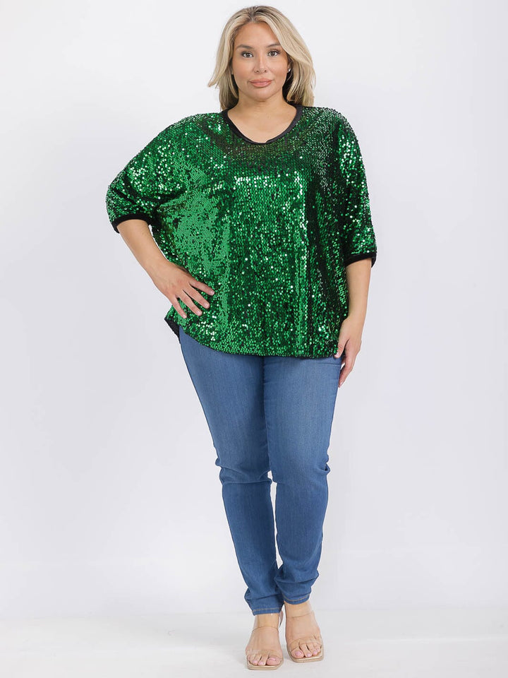 PLUS SIZE SHORT SLEEVE V-NECK SEQUINS TUNIC BLOUSE