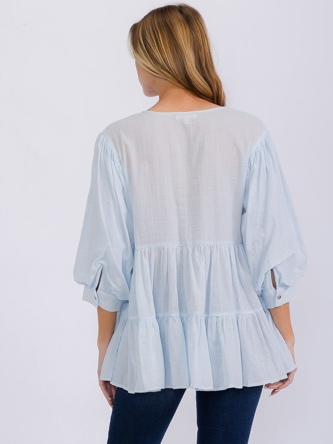 WOMEN'S 3/4 SLEEVE BUTTON UP TIERED TUNIC BLOUSE