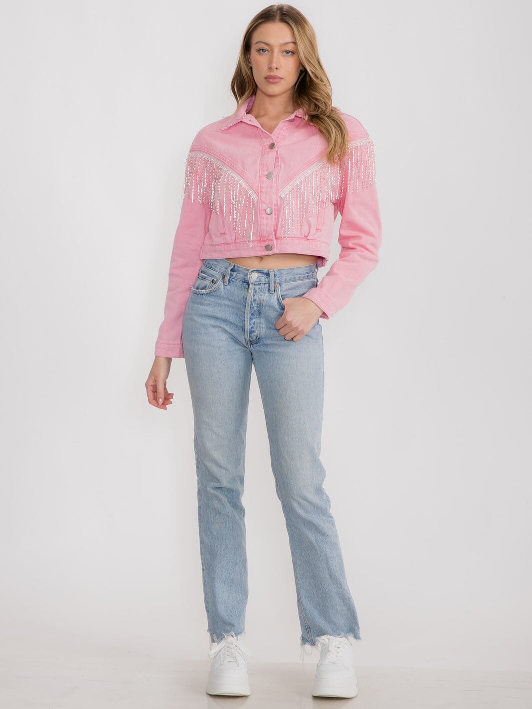 WOMEN'S LONG SLEEVES BUTTON CLOSURE FRINGE STUDS DENIM JACKET