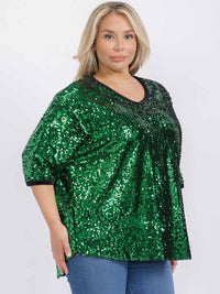 PLUS SIZE SHORT SLEEVE V-NECK SEQUINS TUNIC BLOUSE