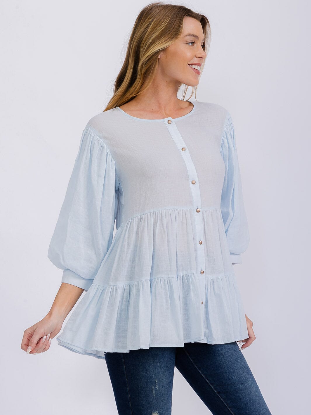 WOMEN'S 3/4 SLEEVE BUTTON UP TIERED TUNIC BLOUSE