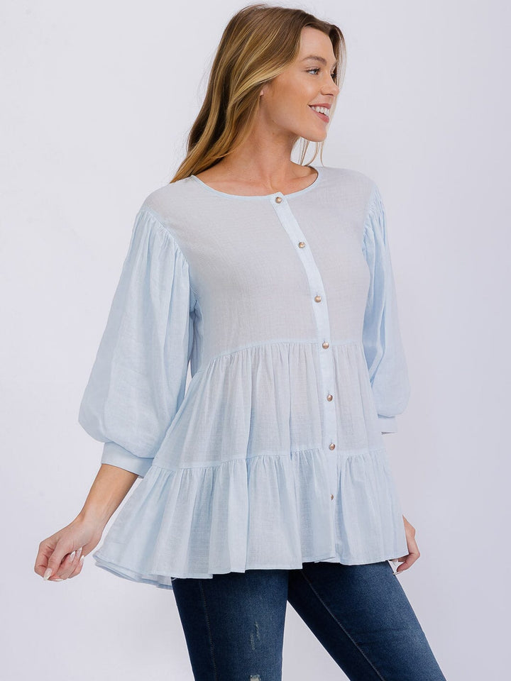 WOMEN'S 3/4 SLEEVE BUTTON UP TIERED TUNIC BLOUSE