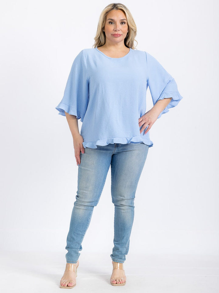 PLUS SIZE SHORT SLEEVE BACK RUFFLE TUNIC BLOUSE