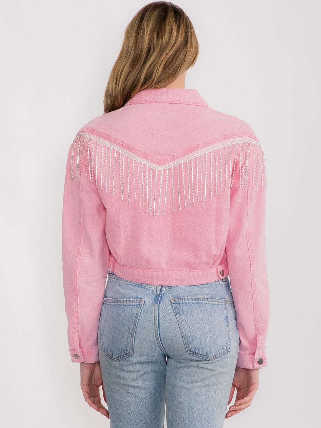 WOMEN'S LONG SLEEVES BUTTON CLOSURE FRINGE STUDS DENIM JACKET
