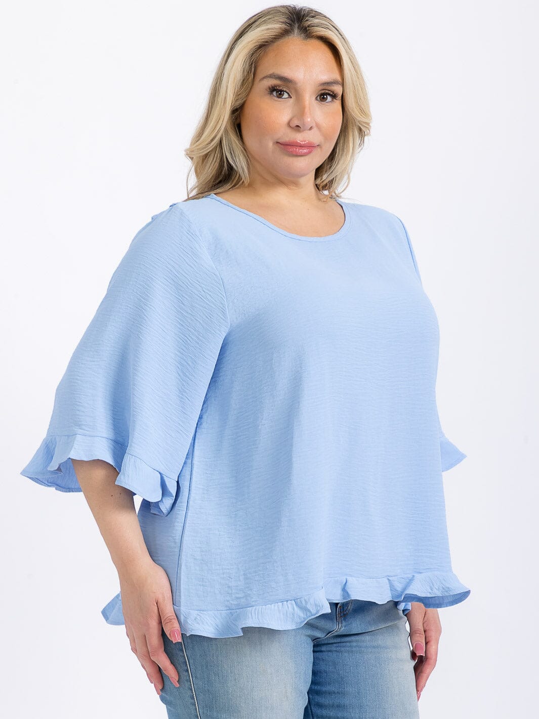 PLUS SIZE SHORT SLEEVE BACK RUFFLE TUNIC BLOUSE