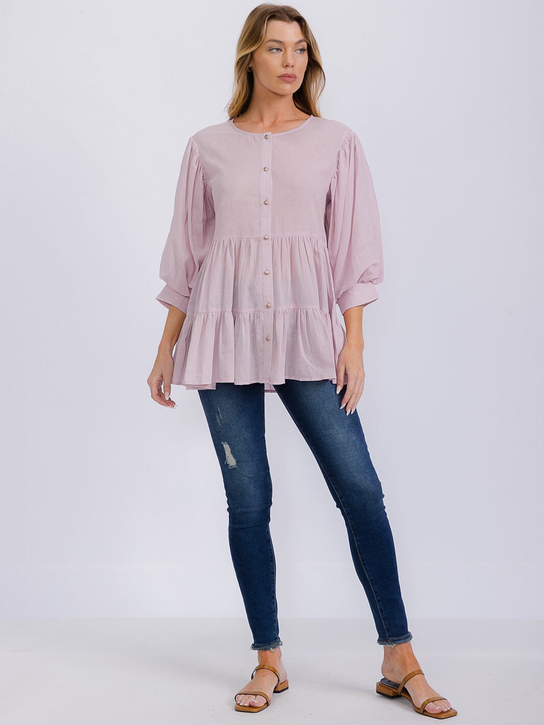 WOMEN'S 3/4 SLEEVE BUTTON UP TIERED TUNIC BLOUSE