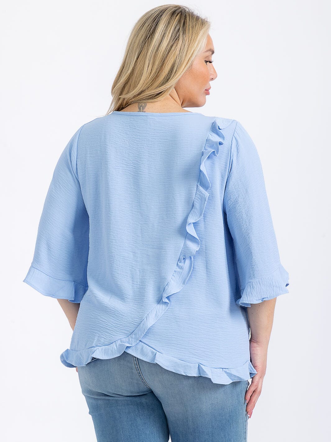 PLUS SIZE SHORT SLEEVE BACK RUFFLE TUNIC BLOUSE