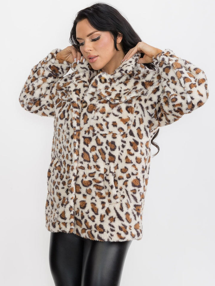 WOMEN'S LONG SLEEVES BUTTON CLOSURE FRONT POCKETS ANIMAL PRINT SHERPA JACKET
