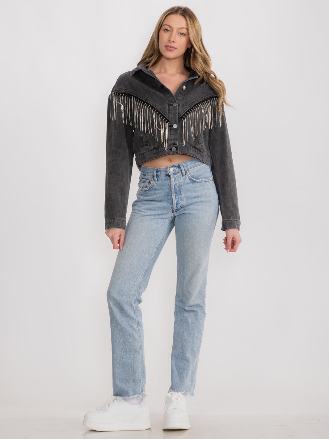 WOMEN'S LONG SLEEVES BUTTON CLOSURE FRINGE STUDS DENIM JACKET