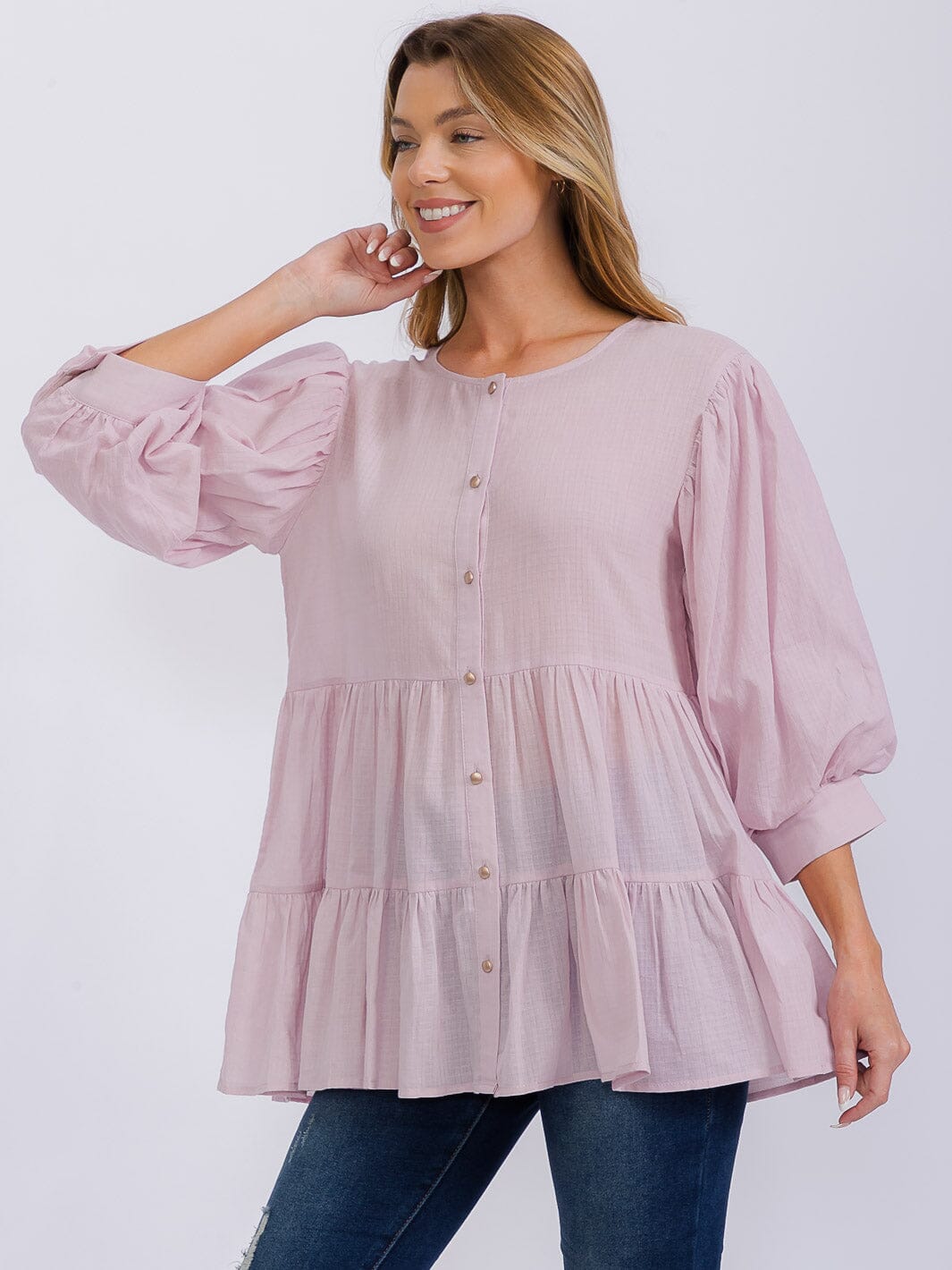WOMEN'S 3/4 SLEEVE BUTTON UP TIERED TUNIC BLOUSE