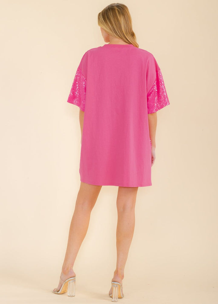 WOMEN'S SHORT SLEEVE FRONT POCKETS SEQUINS HEART TUNIC MINI DRESS