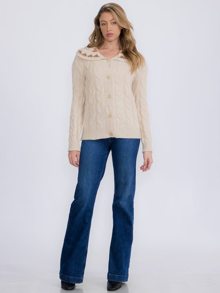 WOMEN'S LONG SLEEVE BUTTON CLOSURE COLLAR DETAILED KNIT CARDIGAN SWEATER