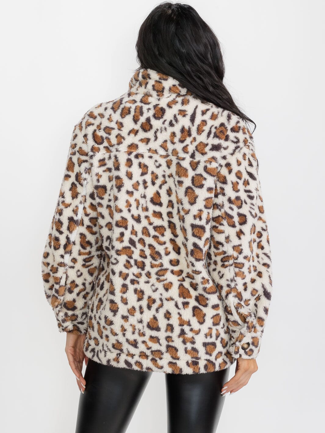 WOMEN'S LONG SLEEVES BUTTON CLOSURE FRONT POCKETS ANIMAL PRINT SHERPA JACKET