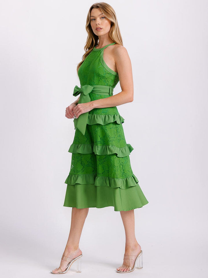 WOMEN'S SLEEVELESS HALTER NECK RUFFLE TIERED LACE SELF TIE MIDI DRESS