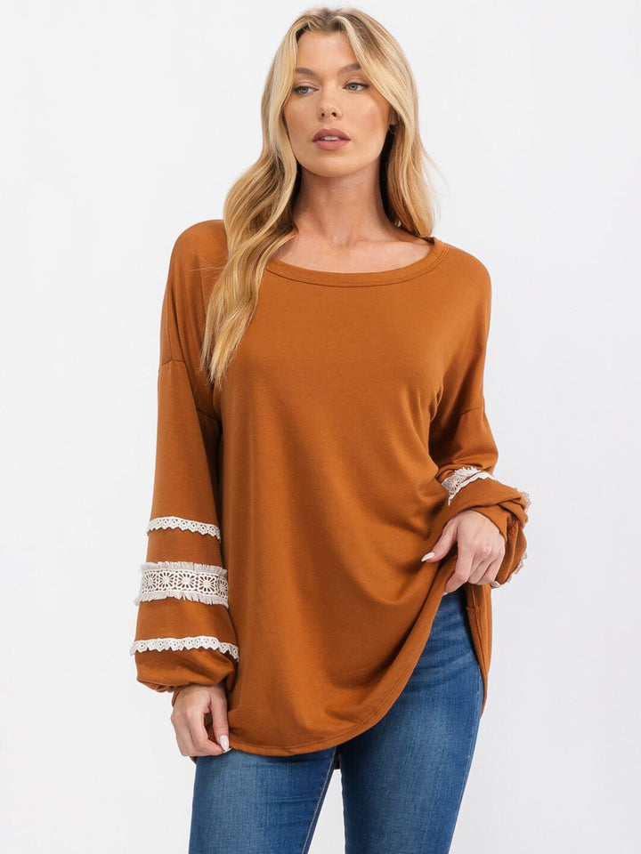 WOMEN'S LONG BALLON SLEEVE EMBROIDERY DETAILED TOP