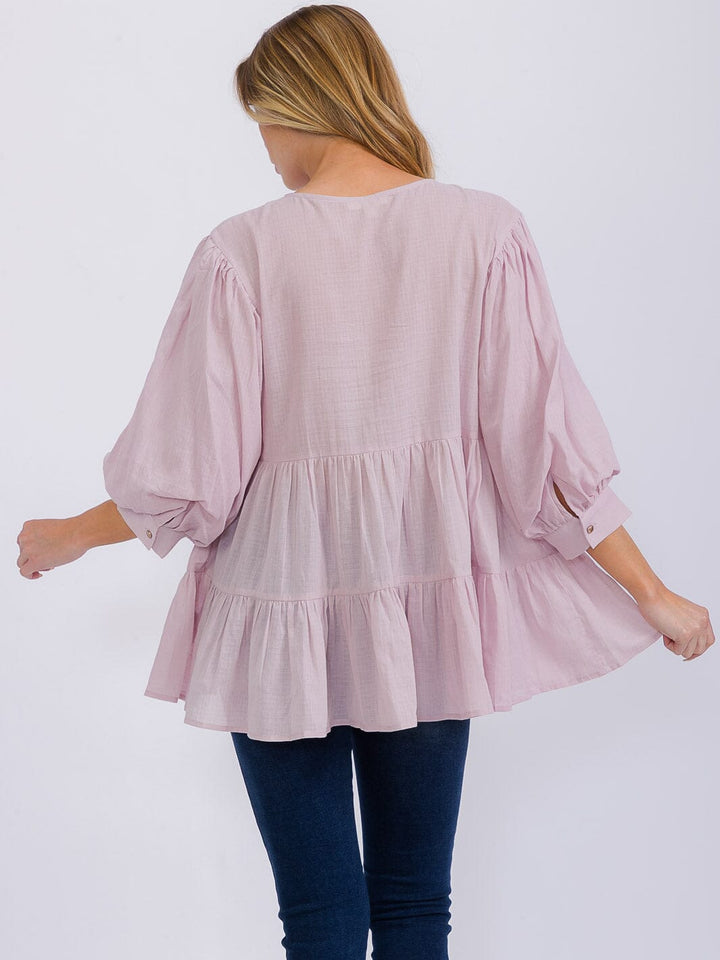 WOMEN'S 3/4 SLEEVE BUTTON UP TIERED TUNIC BLOUSE