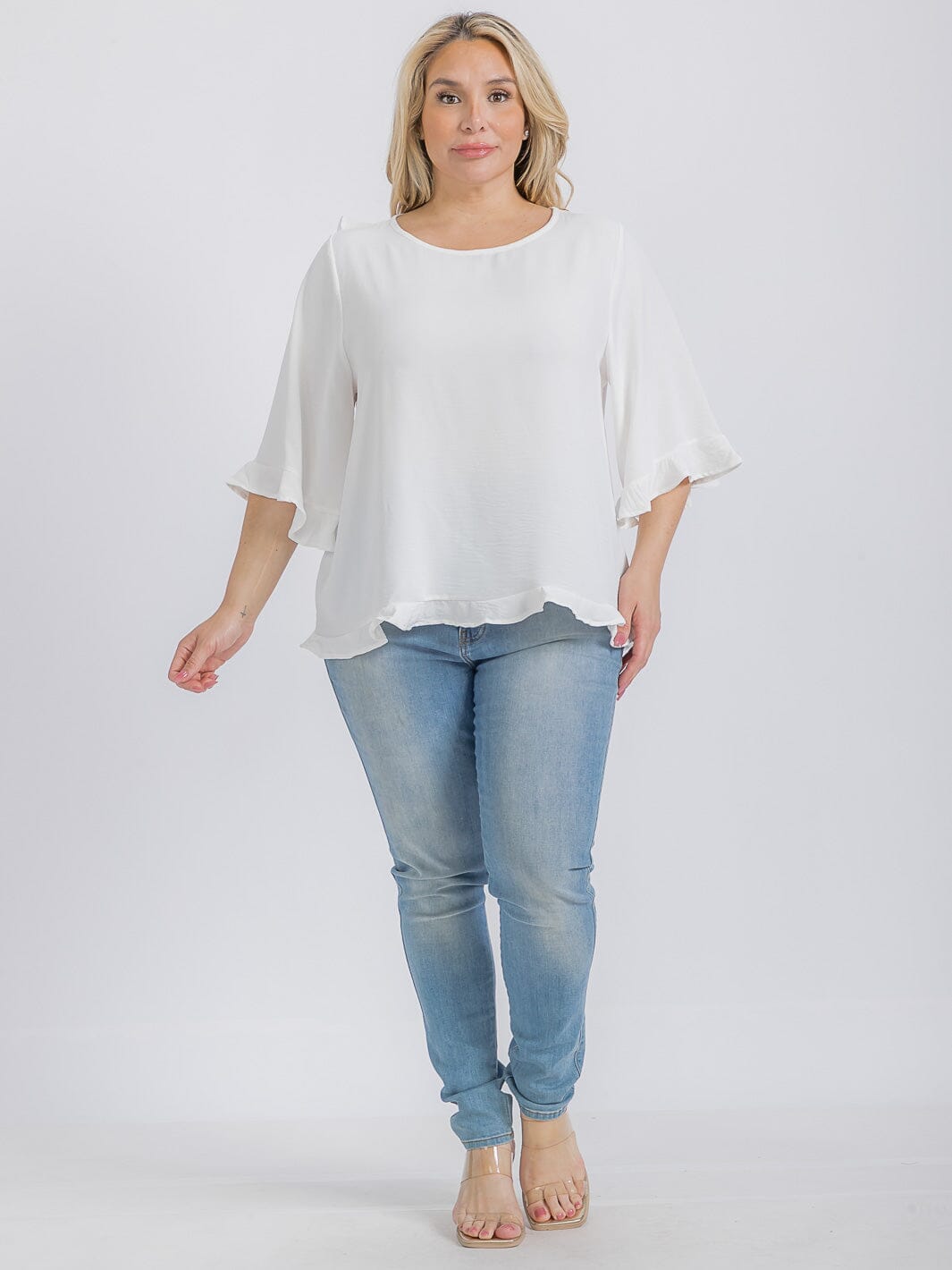 PLUS SIZE SHORT SLEEVE BACK RUFFLE TUNIC BLOUSE