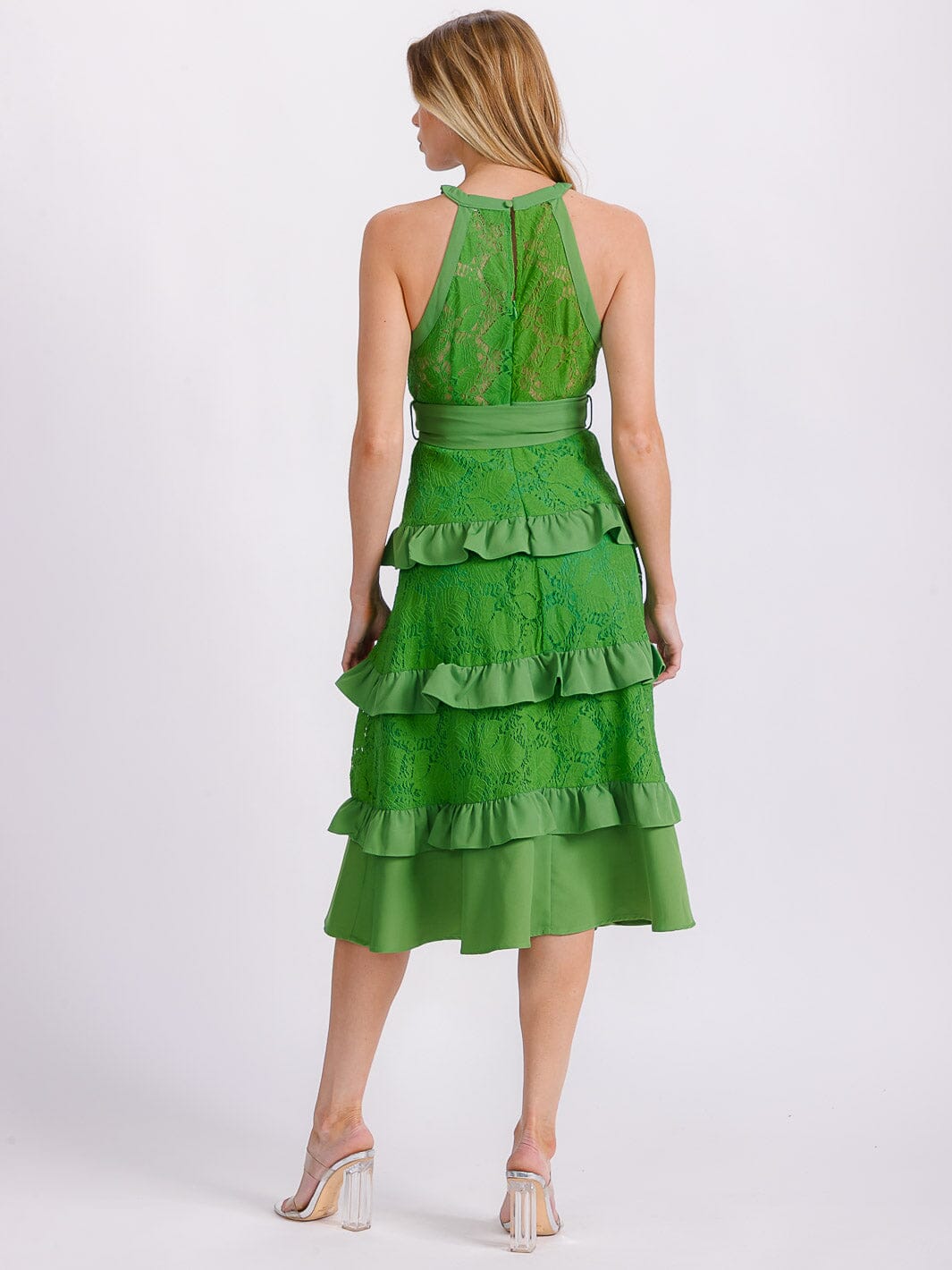 WOMEN'S SLEEVELESS HALTER NECK RUFFLE TIERED LACE SELF TIE MIDI DRESS