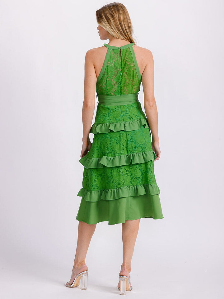 WOMEN'S SLEEVELESS HALTER NECK RUFFLE TIERED LACE SELF TIE MIDI DRESS