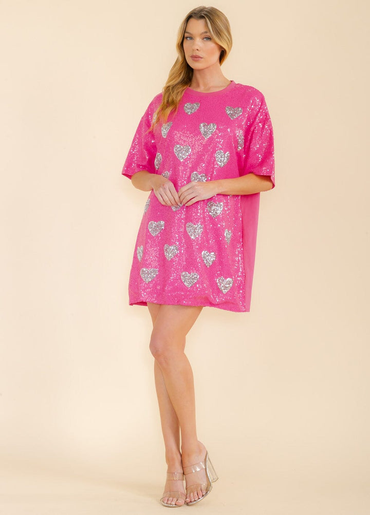 WOMEN'S SHORT SLEEVE FRONT POCKETS SEQUINS HEART TUNIC MINI DRESS