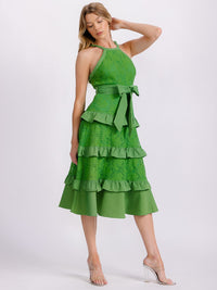 WOMEN'S SLEEVELESS HALTER NECK RUFFLE TIERED LACE SELF TIE MIDI DRESS