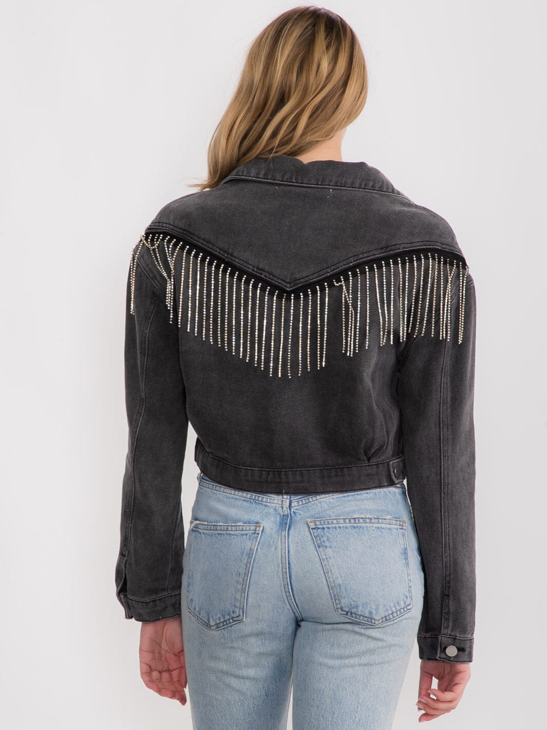 WOMEN'S LONG SLEEVES BUTTON CLOSURE FRINGE STUDS DENIM JACKET