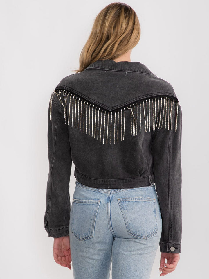 WOMEN'S LONG SLEEVES BUTTON CLOSURE FRINGE STUDS DENIM JACKET