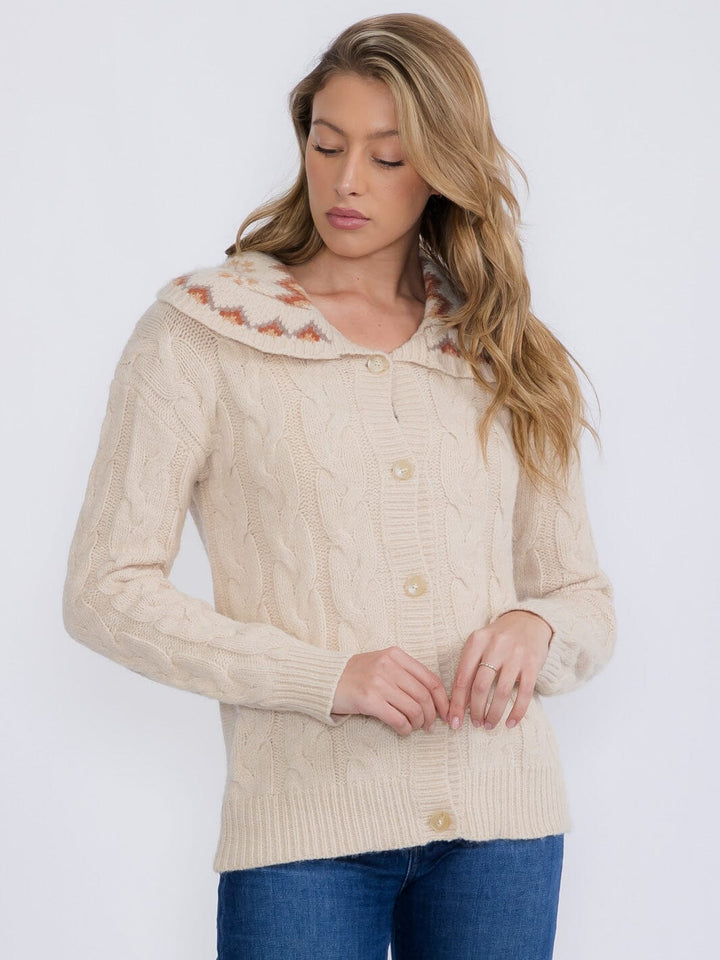 WOMEN'S LONG SLEEVE BUTTON CLOSURE COLLAR DETAILED KNIT CARDIGAN SWEATER