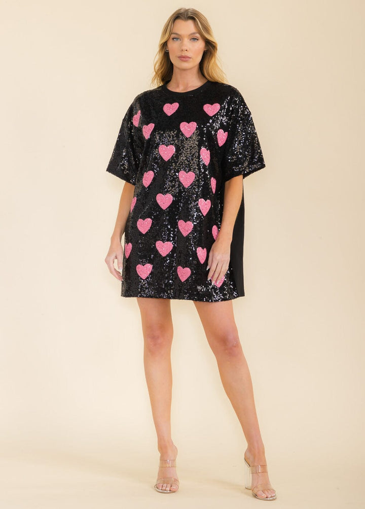 WOMEN'S SHORT SLEEVE FRONT POCKETS SEQUINS HEART TUNIC MINI DRESS