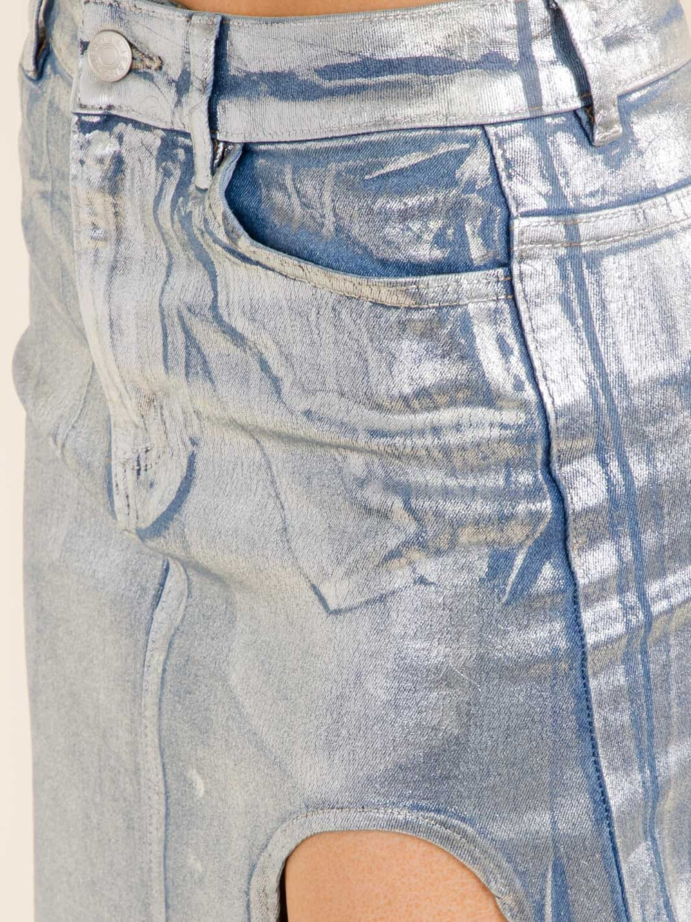 WOMEN'S BUTTON CLOSURE SIDE SLIT POCKETS SHIMMER DENIM MAXI SKIRT