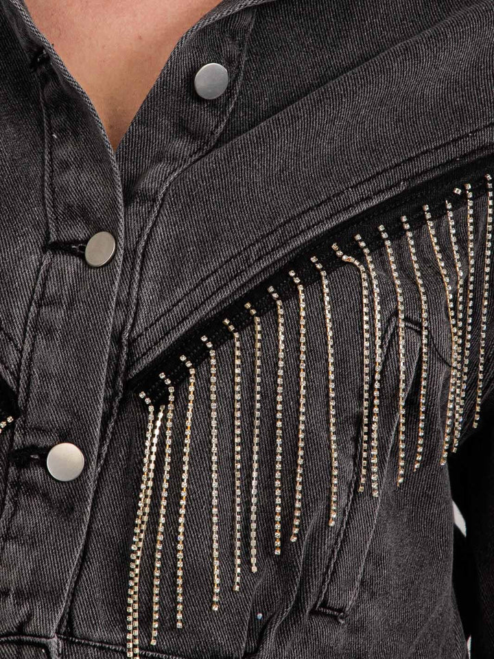 WOMEN'S LONG SLEEVES BUTTON CLOSURE FRINGE STUDS DENIM JACKET