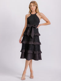 WOMEN'S SLEEVELESS HALTER NECK RUFFLE TIERED LACE SELF TIE MIDI DRESS