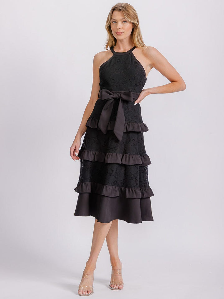 WOMEN'S SLEEVELESS HALTER NECK RUFFLE TIERED LACE SELF TIE MIDI DRESS