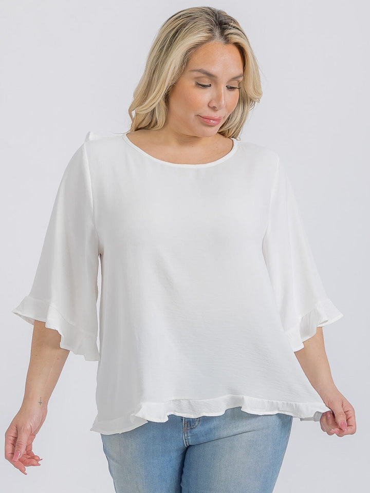 PLUS SIZE SHORT SLEEVE BACK RUFFLE TUNIC BLOUSE